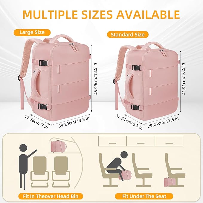 Travel Backpack For Women Men Airline Approved Carry On Backpack, Waterproof Outdoor Sports Rucksack Weekender Overnight College Business Backpack Fits 17 Inch Laptop - Pink