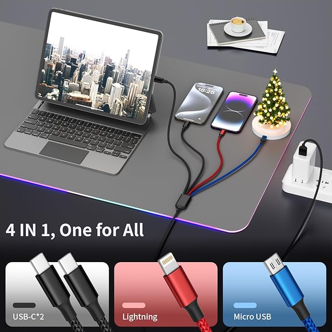 Dual Type-C 4 in 1 Multi Charging Cable for Multiple Devices with 2 USB-C/Lightning/Micro Port, USB Cable iPhone Charger Cord, Travel Charger for iPhone17-8, Android iPad, Stocking Stuffers - 2Pcs 5FT