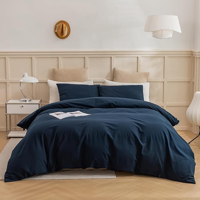 ECOCOTT Navy Blue Duvet Cover Queen Size, 100% Washed Cotton 3 Piece Bedding Set 1 Duvet Cover with Zipper and 2 Pillowcases, Ultra Soft and Easy Care Breathable Duvet Cover(Navy Blue, Queen)