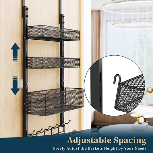 Consumest Over The Door Hooks Organizer - 4 Tier Door Coat Rack with 3 Baskets and 12 Hooks, Stainless Steel Towel Hanger for Bedroom, Bathroom, Living Room, Black