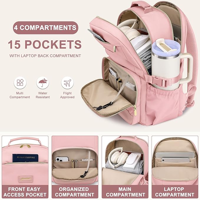 Laptop Backpack for Women Bookbag: 15.6 inch Work School Backpacks with Pouch Pocket for Large Capacity Cup & USB Charger College Book Bag Travel Business Nurse Teacher Bookbags Anti-theft Back Pack