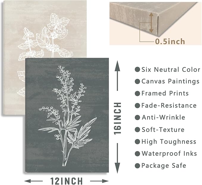 BINCUE Neutral Botanical Plant Canvas 6 Pieces Rustic Farmhouse Wall Art for Living Room Bedroom and Bathroom,Canvas Paintings Print Set Decor 12"x 16"