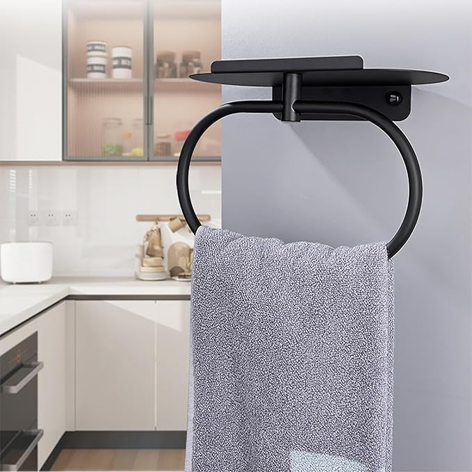 Towel Ring with Shelf, Heavy Duty Stainless Steel Bathroom Hardware, Adhesive No-Drill or Drill Mount Wall Mounted Towel Holder for Bathroom and Kitchen (Black)