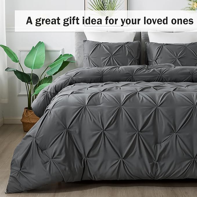 Andency Dark Grey King Size Comforter Set, 3 Piece Gray Pinch Pleat Fluffy Lightweight Bedding Set, All Season Soft Microfiber Bed Set