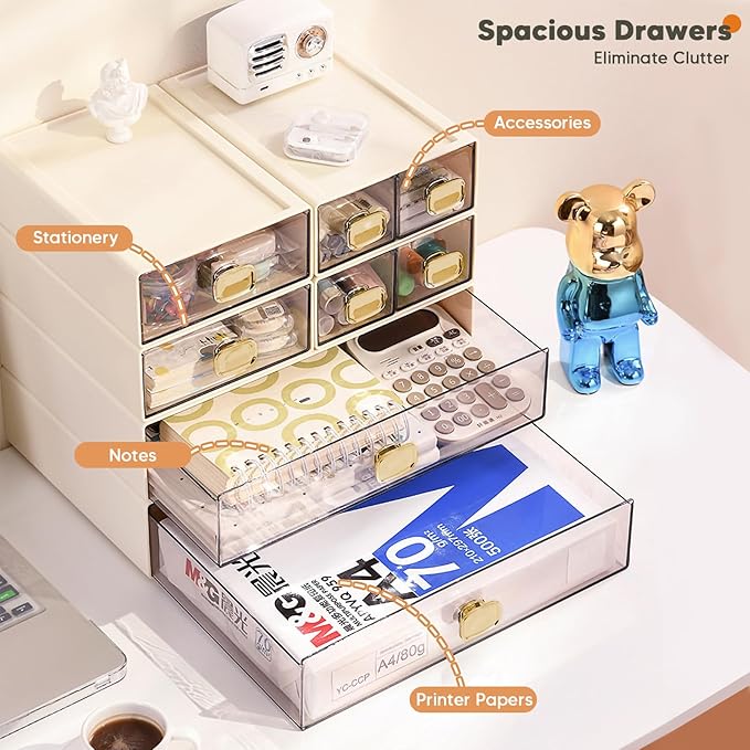 Stackable Desk Organizer with Drawer 13'' Wide Large Desktop Storage Drawer Organizer Clear Plastic Organizer Drawer for Office,Stationery,Cosmetics,Accessories (1 PACK,L-1 Drawer,Cream White)