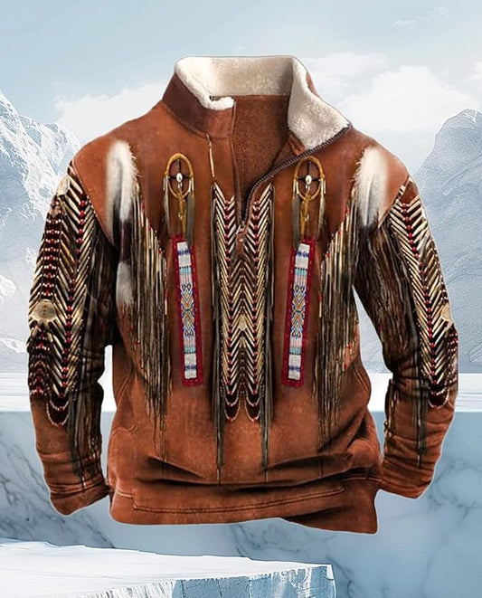 Western Sweatshirts for Men Aztec Cowboy Vintage Graphic Fleece Hoodie Mens Quarter Zip Pullover Country Jacket