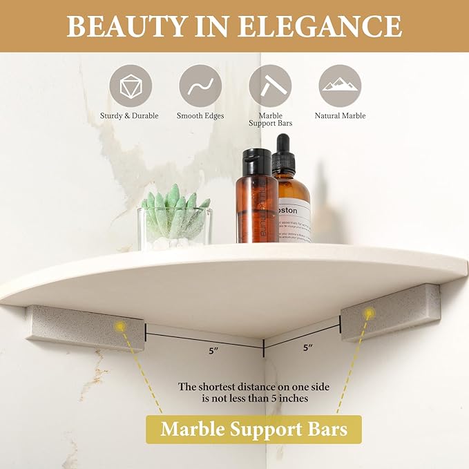 Koville 2 Pcs Marble Corner Shower Shelves for Bathroom, 10'' Marble Corner Shelf for Bath, Wall Mounted Stone Shower Caddy, No Drilling Adhesive Bathroom Shelf - Sahara Sand (No Glue Included)