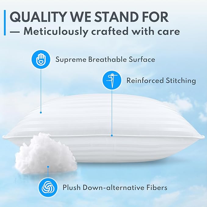King Size Bed Pillows Set of 2 - Breathable Premium Down Alternative Pillows for Side, Back, and Stomach Sleepers Hotel Quality Fluffy Soft Microfiber Fill Skin-Friendly