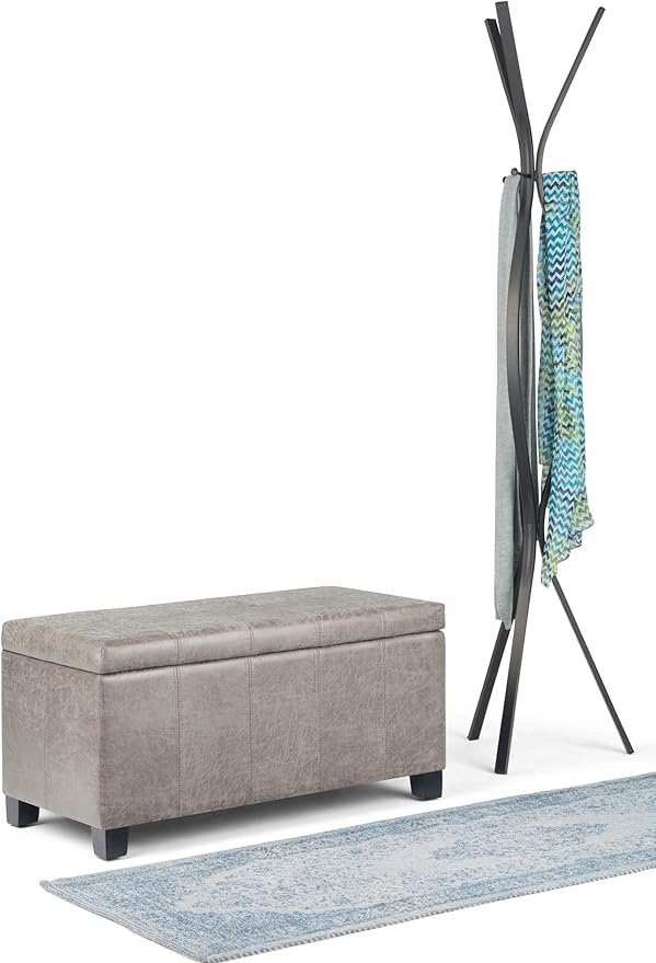 SIMPLIHOME Dover 36 inch Wide Contemporary Rectangle Storage Ottoman Bench in Distressed Grey Taupe Vegan Faux Leather, Assembled, For the Living Room, Entryway and Family Room