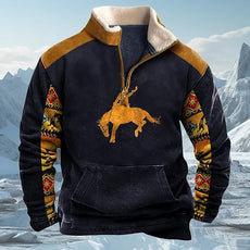 Western Sweatshirts for Men Aztec Cowboy Vintage Graphic Fleece Hoodie Mens Quarter Zip Pullover Country Jacket