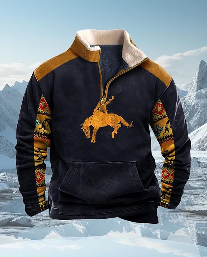 Western Sweatshirts for Men Aztec Cowboy Vintage Graphic Fleece Hoodie Mens Quarter Zip Pullover Country Jacket
