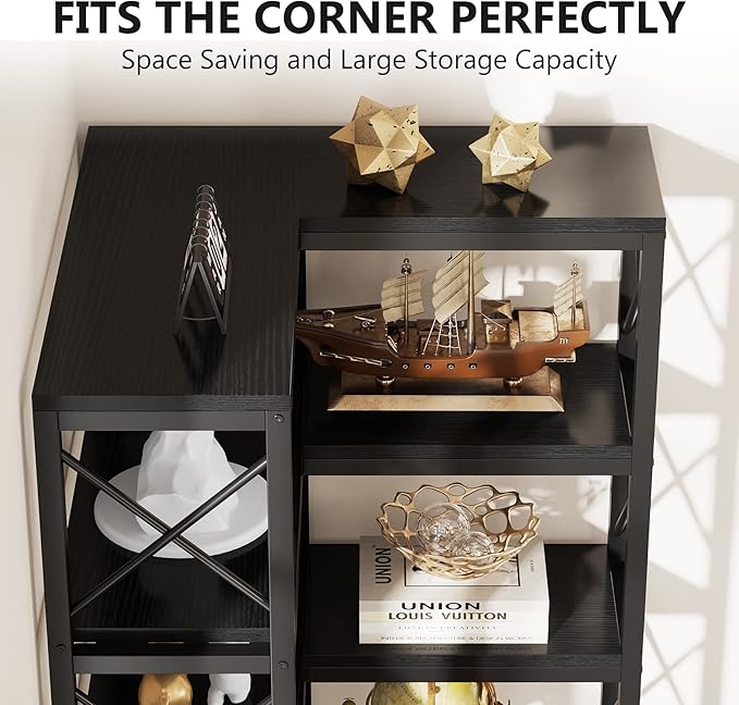 Tribesigns 7-Tier Corner Bookcase, Industrial Large Corner Bookshelf, 7-Shelf Tall Shelf Storage Display Rack with Metal Frame for Living Room Home Office, Black
