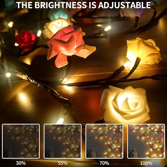 Macaroon Rose Blossom Enchanted Willow Vine Lights, 7.55FT 144LED 6 Color Blossom Tree Branch Lights for Wall, Remote Timer,8 Light Model,Bedroom Wall Doors Wedding, Christmas, USB Battery Box