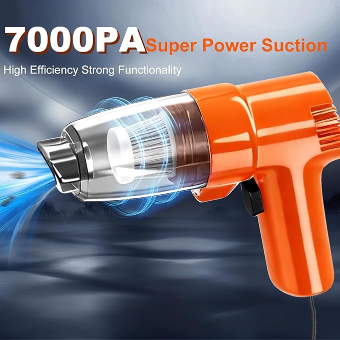 Car Mounted Vacuum Cleaner - 7000PA High-Power Suction, Dry & Wet Dual-Purpose, Portable Mini Handheld Vacuum with LED Light & Attachments, Ideal for Car Interior, Pet Hair, Dust & Debris (Orange)