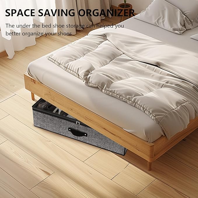 homyfort Under Bed Shoe Storage Organizer for Closet Fits 24 Pairs-Sturdy Underbed Shoe Storage Box Bins,Set of 2 (Linen-like Black)