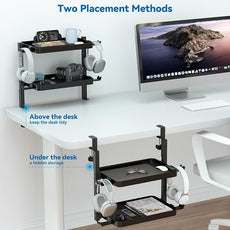 KDD Clamp On Desk Organizer - Adjustable 2-Tier Above or Under Desk Shelves with Large Capacity Tray, Phone & Tablet Holder, Headphone Hook - No Drilling Desktop Storage for Office & Home Accessories