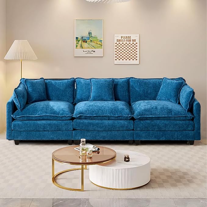 SoarFlash 113.78" Chenille Sectional Sofa, Comfy Modular Loveseat Sofa, Modern 3-Seat Couch Deep Seat Sofa Set for Living Room,Blue