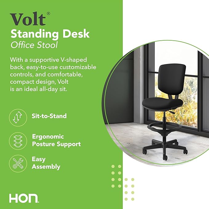 HON Volt Standing Desk Chair, Fabric Home Office Chair with Foot Rest, Armless, Ergonomic Recline and Center Tilt, for Computers, Offices, Work, Black