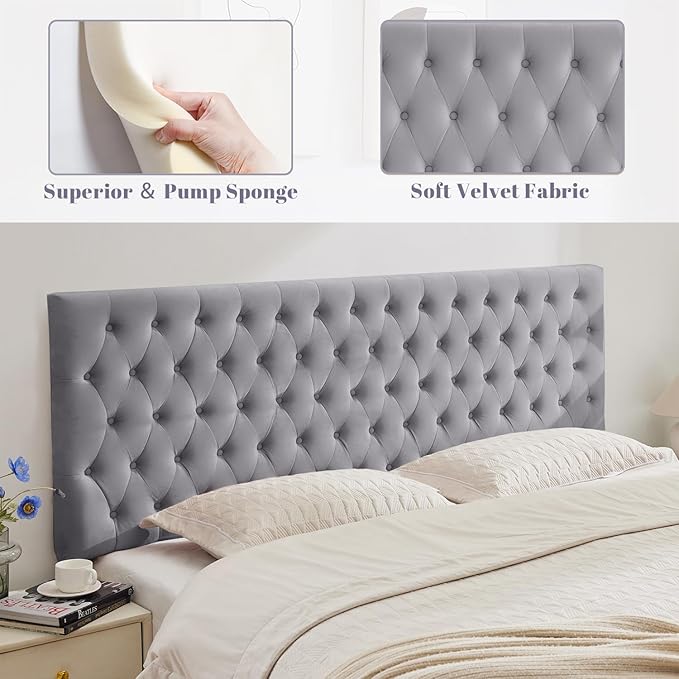 Kingfun Upholstered Queen Headboard Only, Premium Velvet Button Tufted Headboards, Adjustable Solid Wood Head Board, Padded Headboard with Solid Wood Legs in Bedroom (Gray)