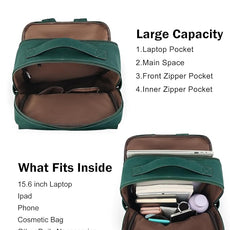 MASINTOR 15.6 inch PU Leather Laptop Backpack Purse for Women, Large College Casual Backpack Travel Bag Retro Green