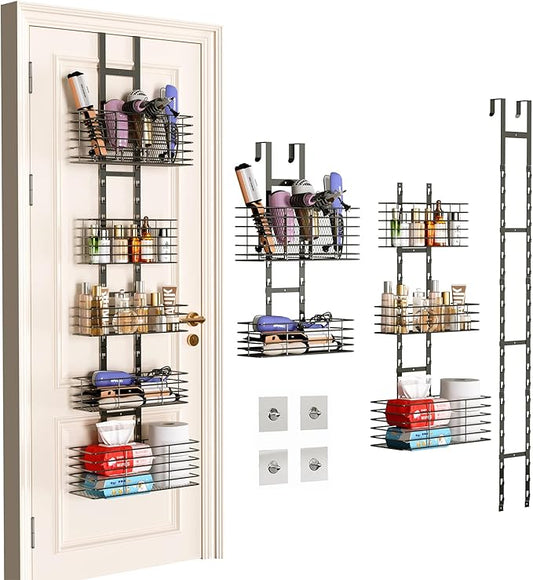 5-Tier Over The Door Organizer Bathroom - Hair Dryer Holder - Hair Tool Organizer Adjustable Height, DIY Bathroom Storage Shelf Wall Mounted for Flat/Curling Irons, Straighteners, Skincare