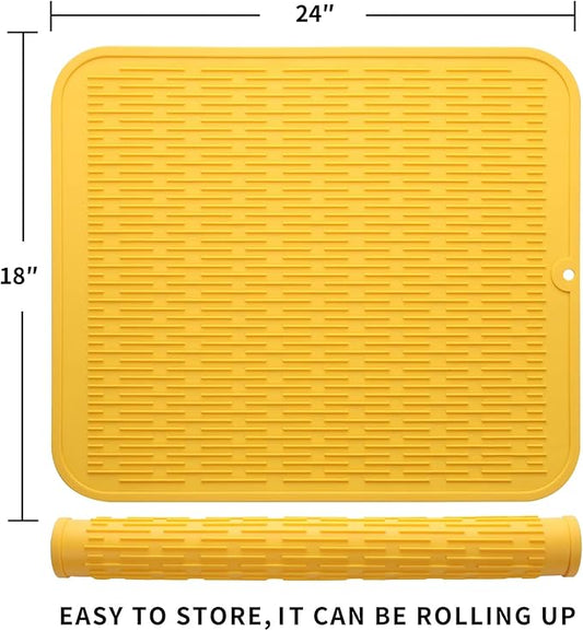 Silicone Dish Drying Mat for Multiple Usage,Easy clean,Eco-friendly,Heat-resistant Silicone Mat for Kitchen Counter or Sink,Refrigerator or Drawer Liner Yellow 2XL 24 inches x 18 inches