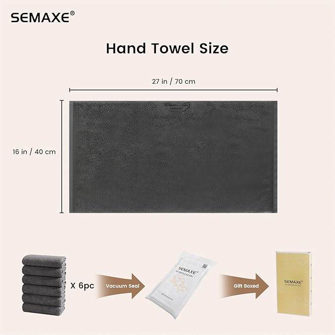SEMAXE 6-Pack Gray Hand Towels - 27"x16" 100% Cotton Bathroom Towels with Hanging Loops, Oeko-Tex Certified, Soft & Absorbent, Gift-Ready Packaging