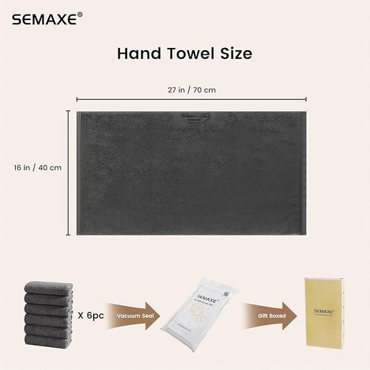 SEMAXE 6-Pack Gray Hand Towels - 27"x16" 100% Cotton Bathroom Towels with Hanging Loops, Oeko-Tex Certified, Soft & Absorbent, Gift-Ready Packaging