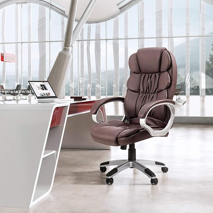GUNJI Office Chair PU Leather High Back Executive Chair Ergonomic Computer Chair, Modern Adjustable Home Desk Chair Swivel Managerial Chair with Padded Armrests and Lumbar Support (Brown)