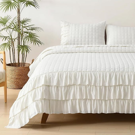 HORIMOTE HOME Ivory Ruffled Quilt Set Twin Size, Classic Geometric Square Stitched Pattern, Pre-Washed Farmhouse Shabby Chic Microfiber Lightweight Bedding Set Bedspread Coverlet for All Season