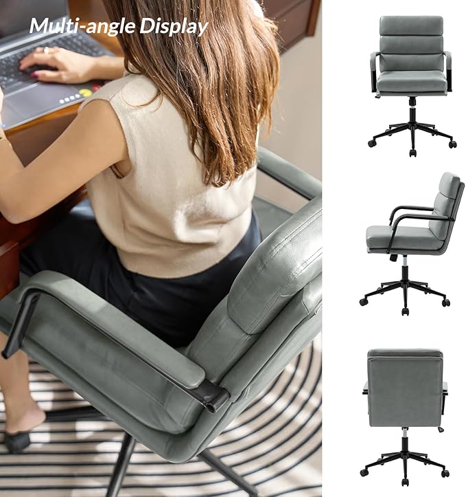 HULALA HOME Modern Faux Leather Home Office Chair with Tilt Lock & Metal Base, Desk Chair with Wheels & Padded Cushion, 360° Swivel Wide Seat Computer Task Chair, Sage