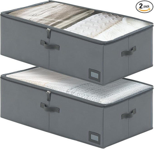 10-Inch Under Bed Storage Containers (2-Pack) | Sturdy Sidewalls | Clear Cover & Label Holder | Foldable Fabric Closet Bin Organizer | Stores Clothing/Blankets/Sweaters/Sheets