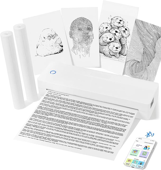 Bluetooth Portable Thermal Printer for Phone & Laptop, Inkless Travel Printer Support 3”/4”/8” Roll Paper, Small Mobile Printers for A4 Documents, Contracts, Receipts(Includes 2 Rolls Paper)