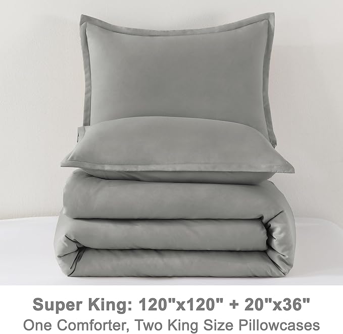 Litanika Comforter Set, Lightweight Solid Bedding Comforter Set, Fluffy Down Alternative Bed Set, Midium Grey, Super King