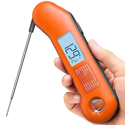 Professional Meat Thermometer Digital, Ultra-Fast 0.5 Sec Instant Read, NIST Certified ±0.5°F Accuracy, IP67 Waterproof, Auto-Rotating Backlit Display, Lift-to-Wake, for BBQ/Candy, Orange&Gray