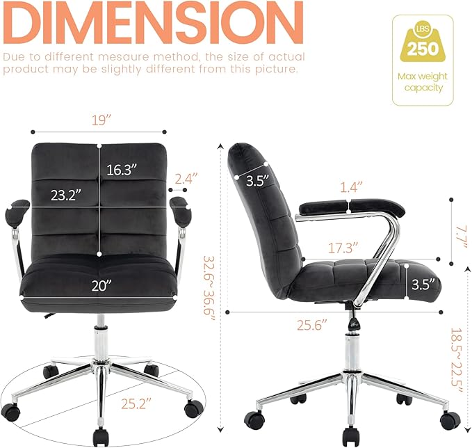 Velvet Home Office Desk Chair, Upholstered Adjustable Swivel Task Chair with Wheels, Tufted Mid-Back Computer Chair with Arms, for Study Living Room Vanity (Dark Grey)