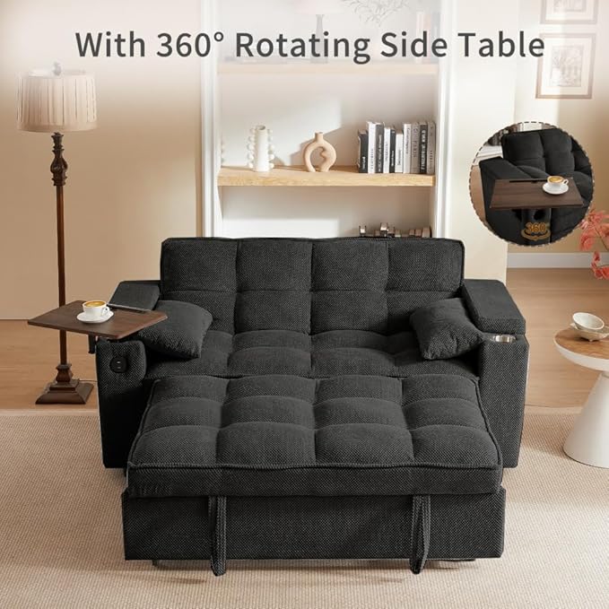 66" 3-in-1 Folding Convertible Sofa Bed, Queen Size Pullout Sofa, Modern Chenille Fabric, 360° Swivel Side Table, Easy Assembly, Perfect for Living Room (ZY-1107S-Black)