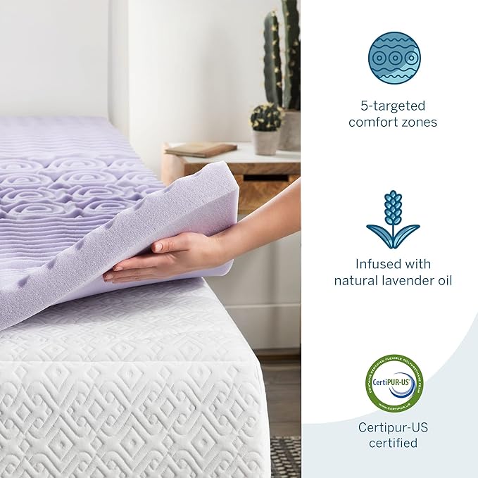 LUCID Lavender Infused 2 Inch Memory Foam Mattress Topper with 5 Zones – Twin Size – Plush Feel – CertiPUR Certified – Dorm Room Essentials