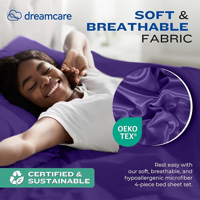 DREAMCARE Queen Size Sheets - Cooling Bed Sheets - 4pcs Set - up to 15" Deep Pocket Queen Sheet Set - Sheets Queen Size Bed - Soft & Long Lasting 100% Fine Brushed Polyester with Side Pocket -Purple DREAMCARE