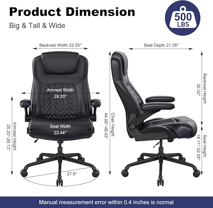 Ergonomic Executive Office Chair for Big & Tall - 500lbs Capacity with Lumbar Support & Flip-Up Armrests, Heavy Duty PU Leather Computer Desk Chair, Black