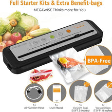 MEGAWISE 2025 Powerful Vacuum Sealer Machine | Compact Design | One-Touch Automatic | Seal in 10-20 Seconds | Dry, Moist, Wet, and Cold Modes | With 10 Vacuum Bags & Built-in Cutter (Grey)