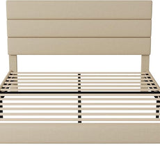 Allewie Queen Size Platform Bed Frame with Fabric Upholstered Headboard and Wooden Slats Support, Fully Upholstered Mattress Foundation/No Box Spring Needed/Easy Assembly, Beige