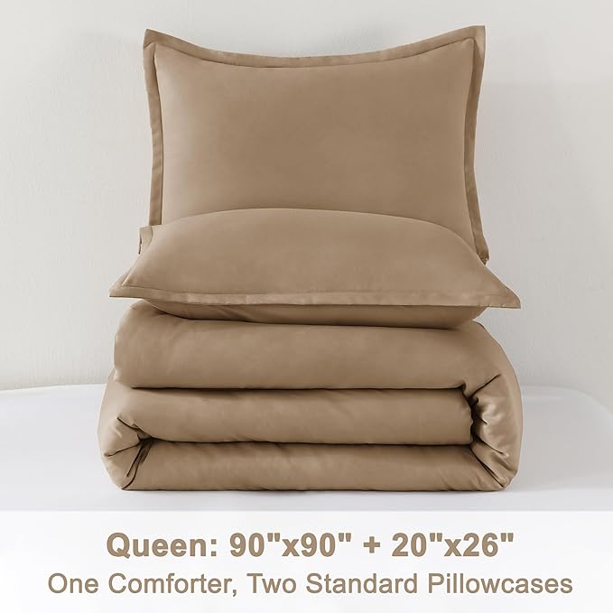 Litanika Comforter Set, Lightweight Solid Bedding Comforter Set, Fluffy Down Alternative Bed Set, Amber Brown, Queen