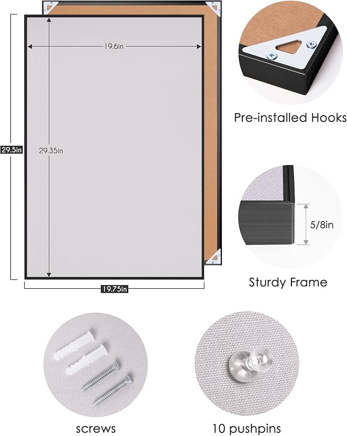 Bulletin Board 30 x 20 inches, Lavender Gray Pin Board, Black Aluminum Framed Fabric Cork Board with 10 Push Pins