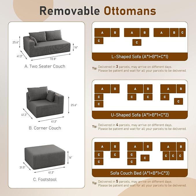 Furnimart 112" L-Shaped Modular Sectional Sofa with Ottoman, Boneless Cloud Couch with Chaise for Living Room, Modern Deep Seat Lounge Sleeper Couch Bed, No Assembly, Corduroy Dark Grey