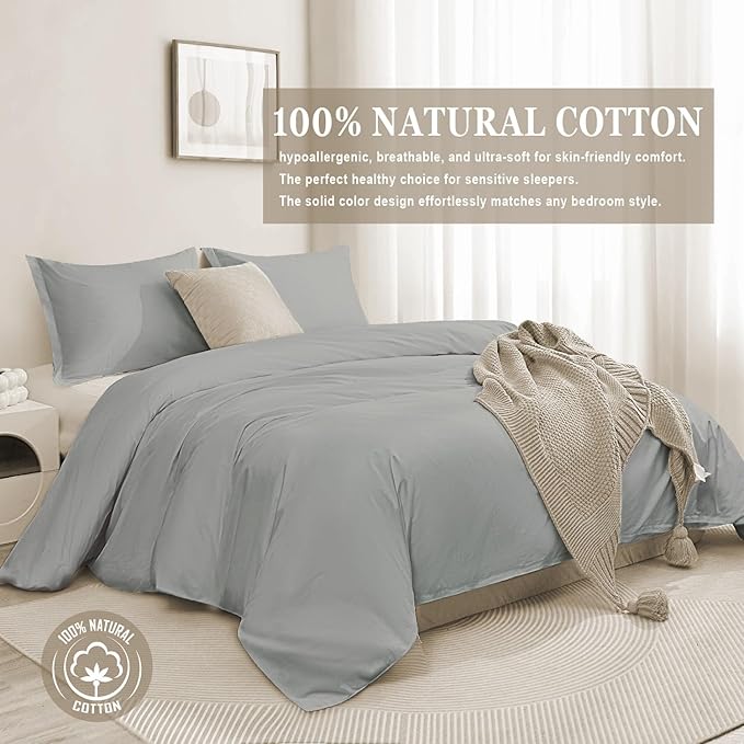 100-Percent Cotton Duvet Cover Set, Hidden Zipper Closure, Ultra Soft, Easy Care and Durable, Simple Bedding Style, Twin, Grey (Comforter Not Included)