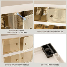 Foldable Shoe Organizer Storage Box Set of 2, Portable Extra Large Folding Shoe Rack for Closet, Shoe Storage Box with Magnetic Transparent Door and Wheels, 9 Layers 18 Grids with 2 Big Grids