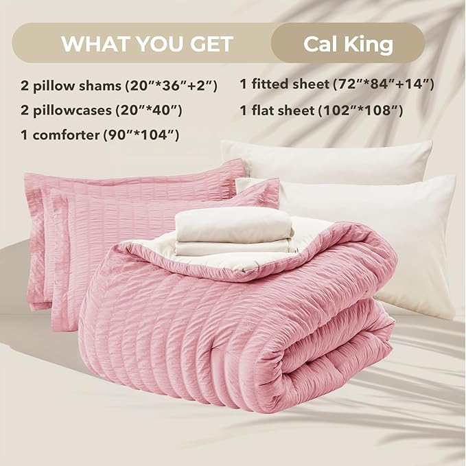 HYMOKEGE Pink/Ivory California King Comforter Set Seersucker 7 Pieces, All Season Luxury Bed in a Bag for Bedroom, Bedding Set with Comforter, Sheets, Pillowcases & Shams