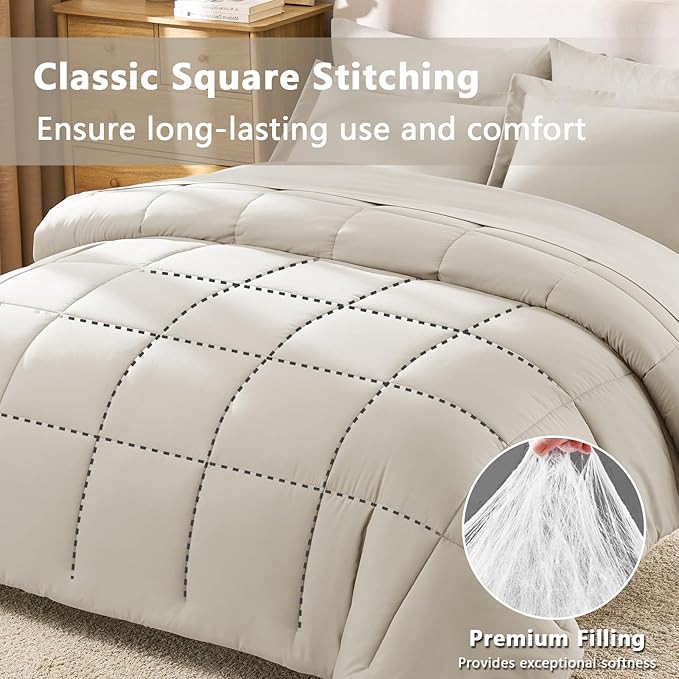 CozyLux Full Size Comforter Sets Beige - 7 Pieces Bed in a Bag Full, Oeko-Tex Certified Bed Set, All Season Soft Bedding Set with Down Alternative Comforter, Sheets, Pillowcases & Pillow Shams