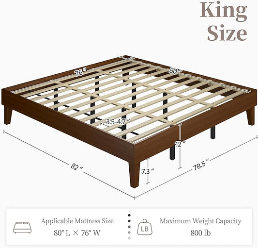Yaheetech King Bed Frame Natural Solid Wood Platform Bed with Wooden Slats Support, 12-inch Underbed Space for Storage, Noise-Free Design, Easy Assembly, Dark Walnut Finish